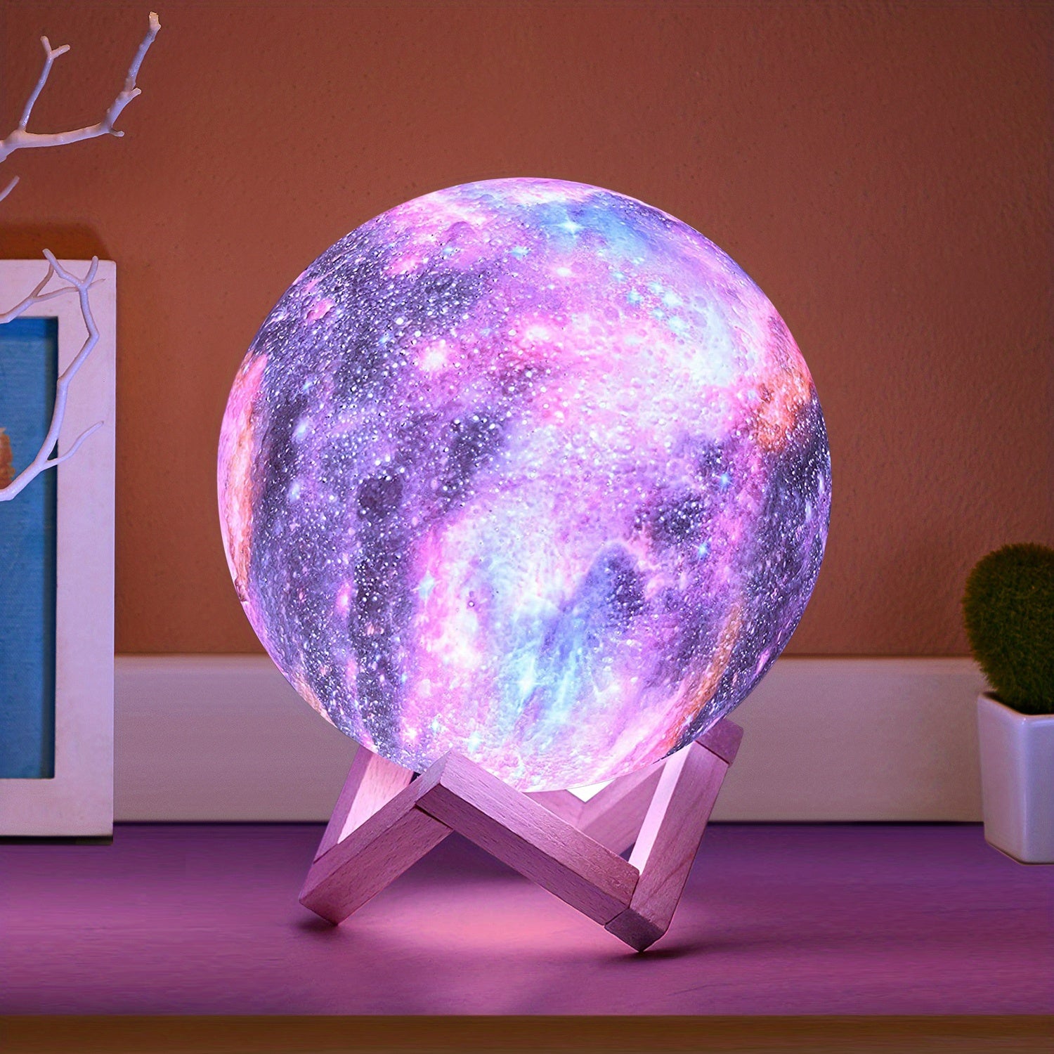 3-D Printed Galaxy Moonlight Lamp w/USB LED Lunar Light Touch & Color Changing Moon Lamp