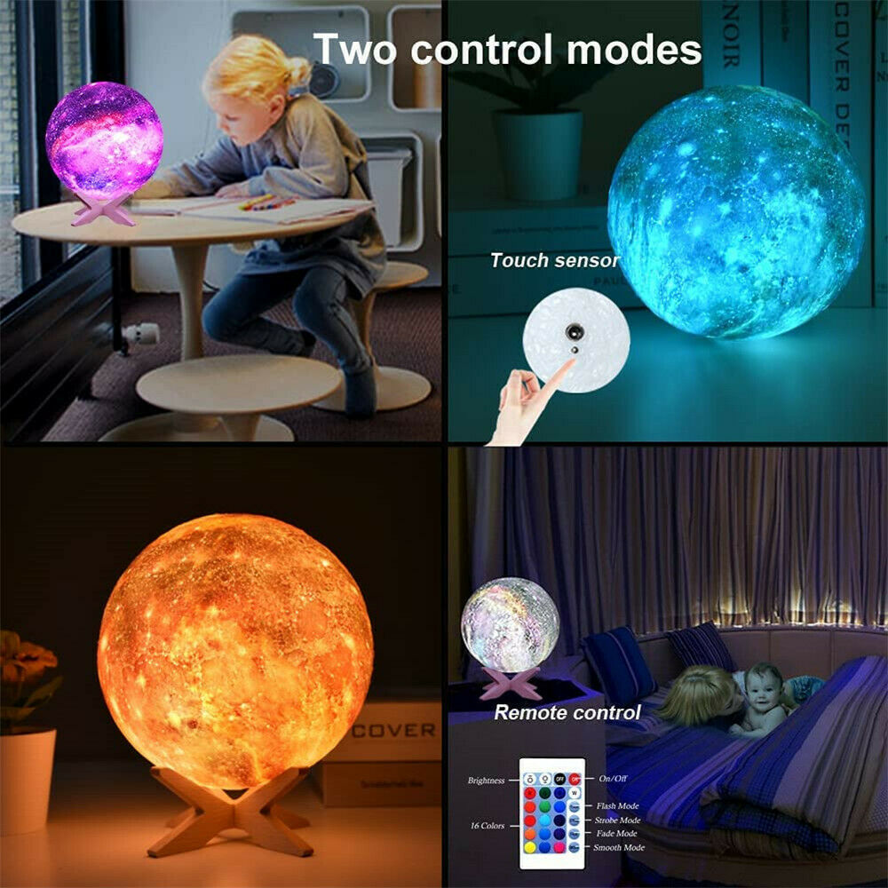 3-D Printed Galaxy Moonlight Lamp w/USB LED Lunar Light Touch & Color Changing Moon Lamp