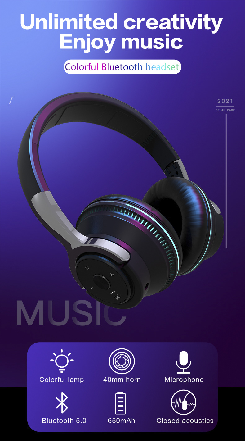 Bluetooth Wireless Headphones w/Colorful LED Lights