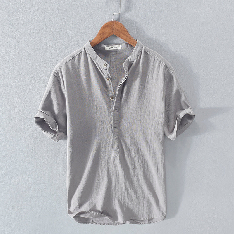 Men's Stand Collar - Japanese Ice Silk Linen - Short Sleeve T-Shirt