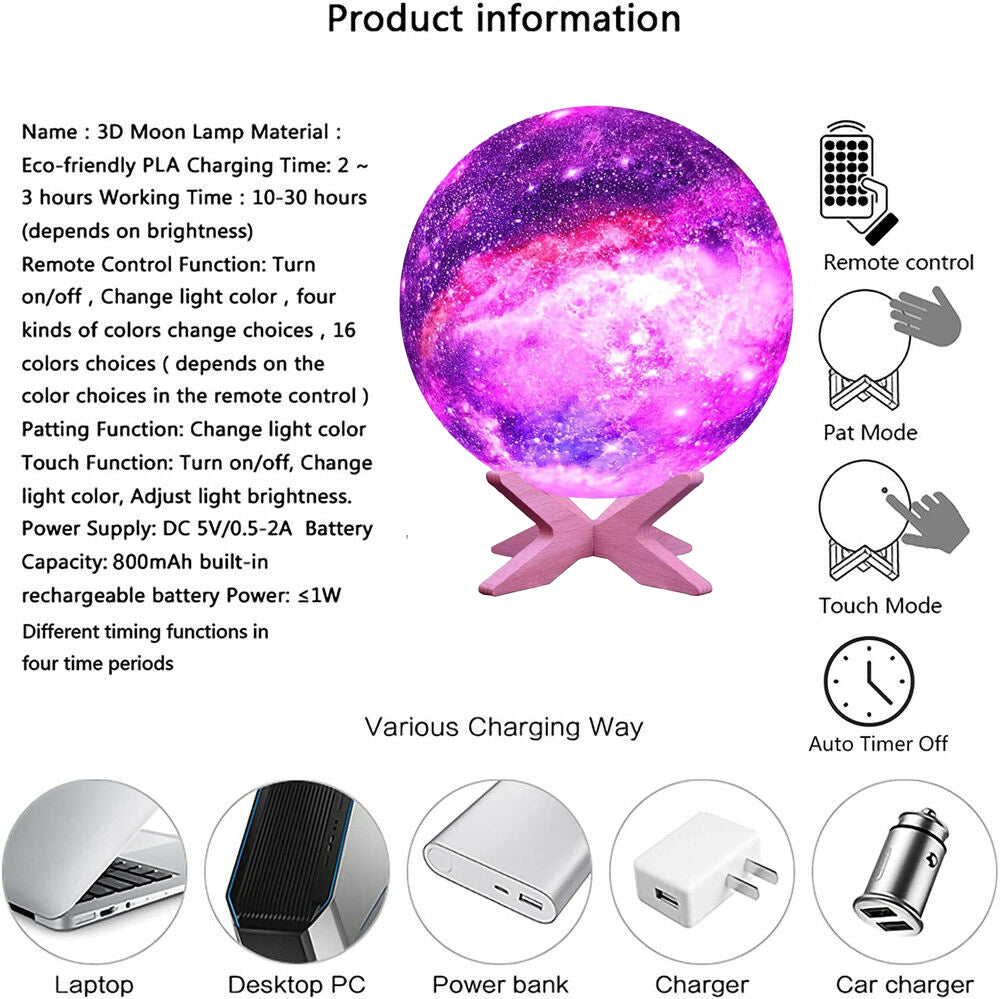 3-D Printed Galaxy Moonlight Lamp w/USB LED Lunar Light Touch & Color Changing Moon Lamp