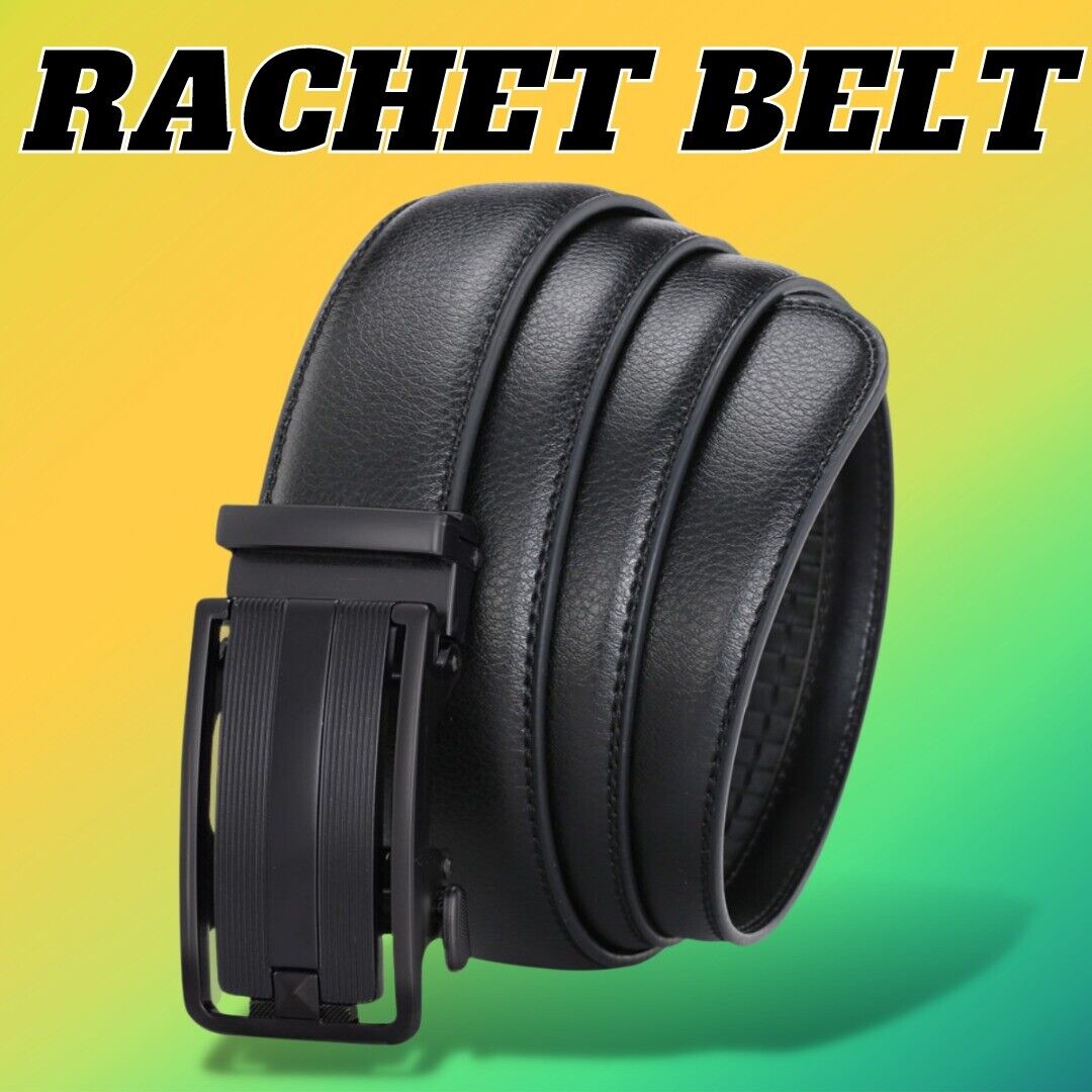 Men's Ratchet Leather Belt w/Slide Buckle (Black)