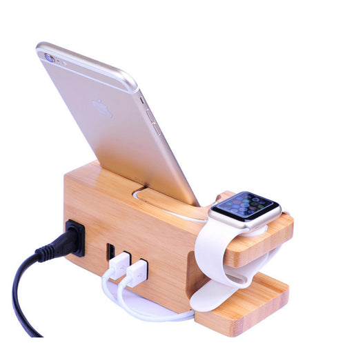 2 in 1 Bamboo Wood Charging Station Stand Dock w/3 USB ports for iPhone & Apple Watch