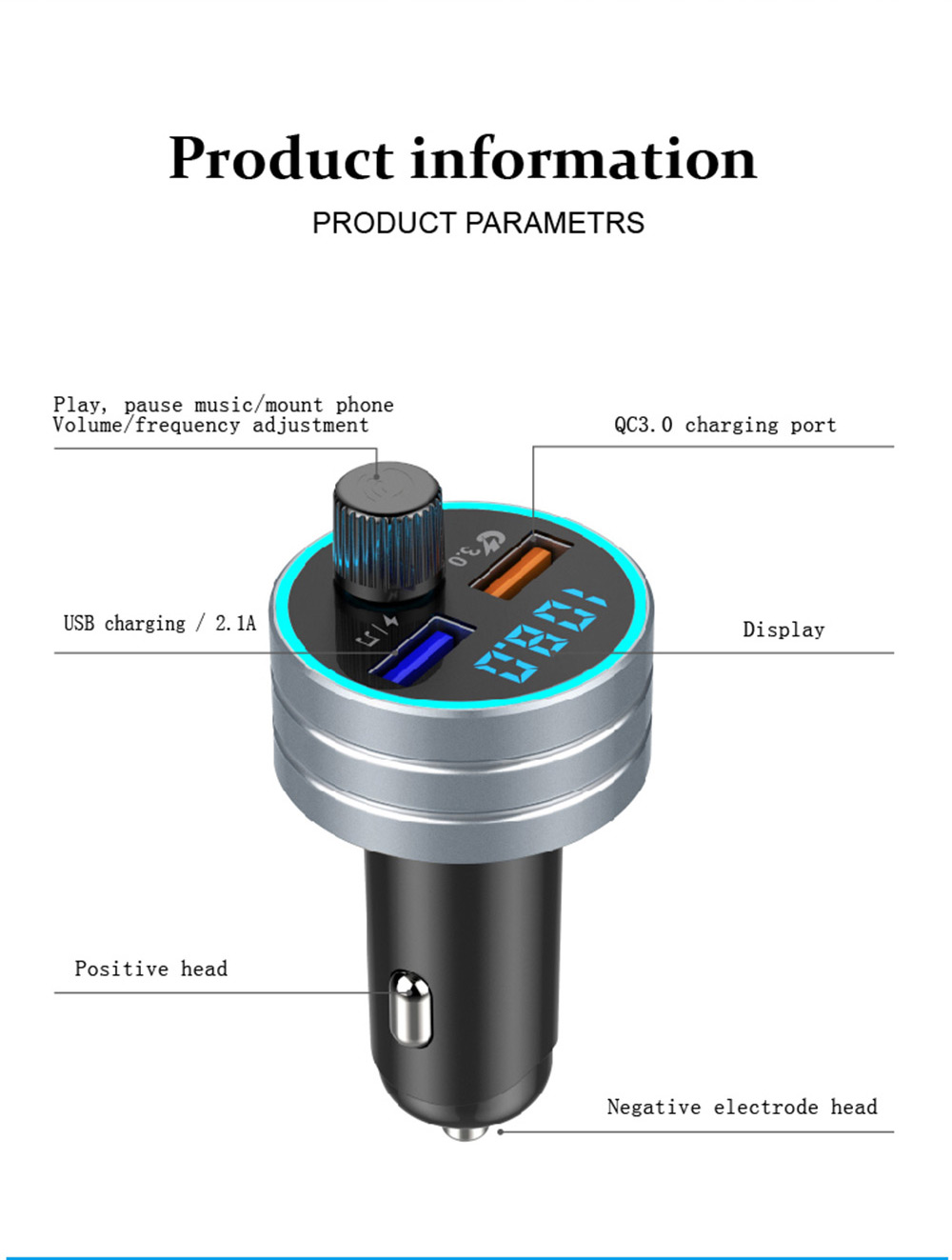Bluetooth Fast Charging Car Charger for Mp3 Players (QC 3.0 Dual USB)