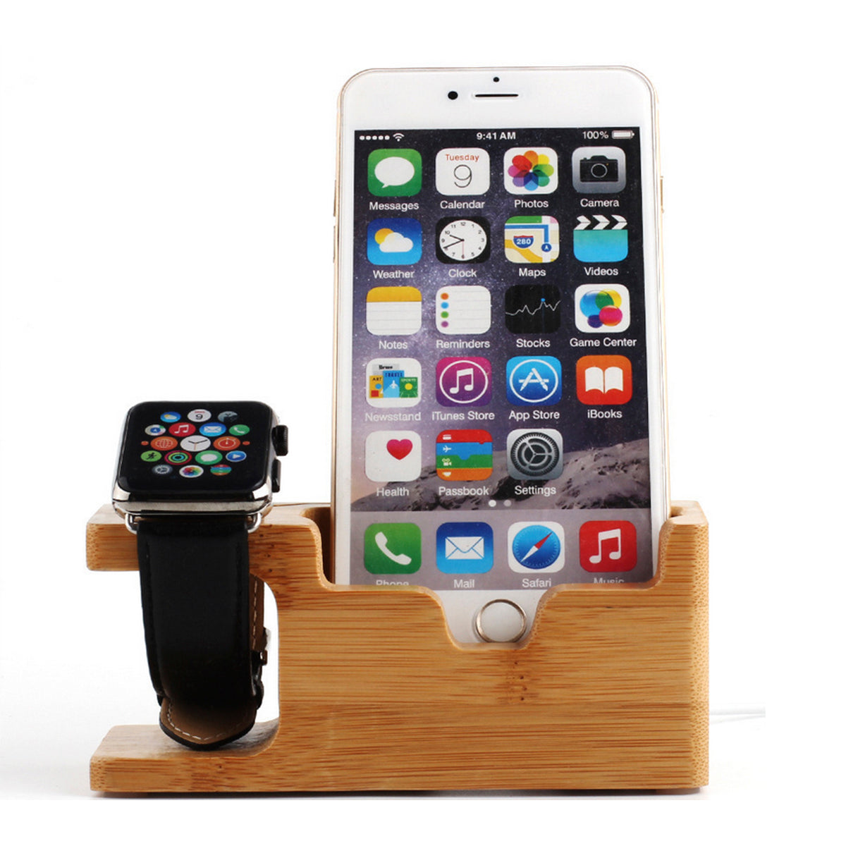 2 in 1 Bamboo Wood Charging Station Stand Dock w/3 USB ports for iPhone & Apple Watch